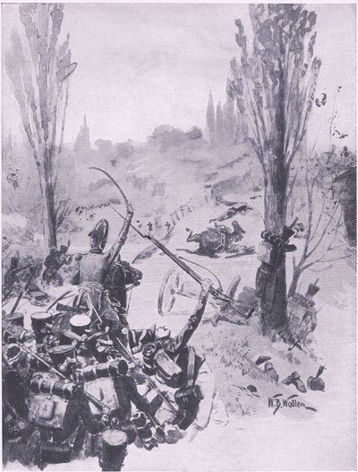 El avance de las tropas francesas en Ligny, 16 de junio de 1815, ilustración de Batallas Británicas en Tierra y Mar, 1915 de William Barnes Wollen