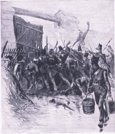 El ataque a La Haye Sainte, ilustración de Batallas Británicas en Tierra y Mar, 1915 de William Barnes Wollen