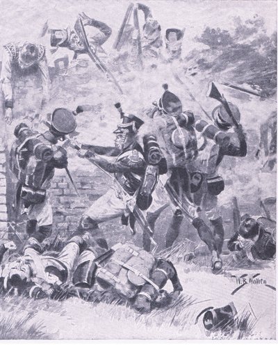 El ataque al muro en Hougomont: Waterloo 1815, ilustración de British Battles on Land and Sea, 1915 de William Barnes Wollen