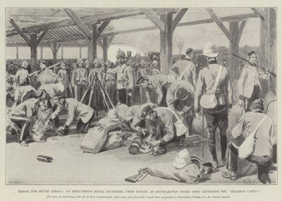 Tropas para Sudáfrica, 7º destacamento de Ingenieros Reales, desde Dublín, en los muelles de Southampton junto al Braemar Castle de William Barnes Wollen