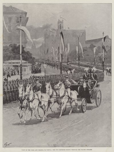 Visita del Zar y la Zarina a Viena, los Dos Emperadores cabalgando por la Prater Strasse de William Barnes Wollen