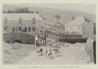 Con los sabuesos de Devon y Somerset, llevando a los sabuesos al encuentro sobre el puente de Exford de William Barnes Wollen