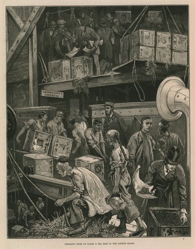 Descargando a granel en un barco de té en los muelles de Londres (grabado) de William Bazett Murray