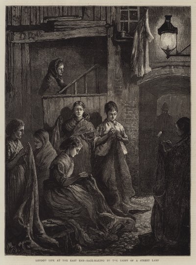Vida en Londres en el East End, fabricación de sacos a la luz de una lámpara de calle de William Bazett Murray
