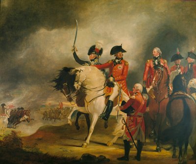 El rey Jorge III pasa revista al regimiento de dragones ligeros del príncipe de Gales, acompañado por el príncipe de Gales, el duque de York y otros oficiales generales de William Beechey