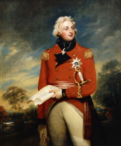 Retrato de William Frederick, 2º duque de Gloucester, tres cuartos de longitud, vistiendo el uniforme de coronel de los 3º Guardias y la estrella de pecho de la Orden de la Jarretera y sosteniendo un plan de campaña, en un paisaje boscoso de William Beechey