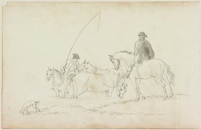 Dos hombres a caballo con dos caballos y un perro de William Beilby