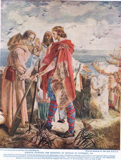 Egfrith ofreciendo el obispado de Hexham a Cuthbert, 678, ilustración de 