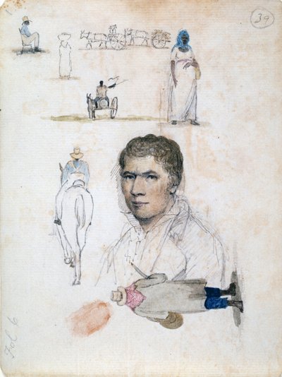 Ocho pequeños dibujos, entre ellos retratos, estudios de figuras y carros, del artista William Berryman. de William Berryman