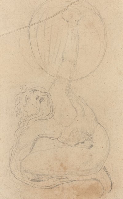 Una figura agachada sosteniendo un escudo (verso) de William Blake