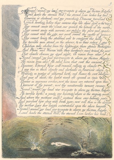 América. Una Profecía, Lámina 11, ¡Sonad! ¡Sonad! Mis Fuertes Trompetas de Guerra.... de William Blake