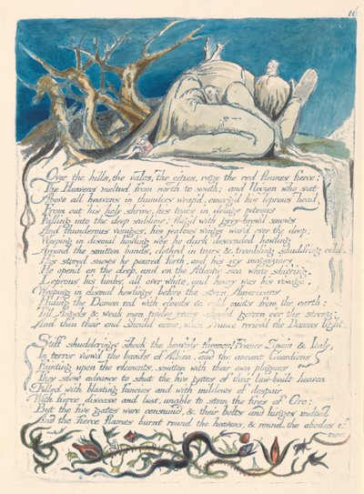 América. Una Profecía, Lámina 18, Sobre las Colinas.... de William Blake