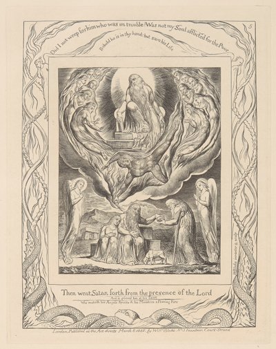 Libro de Job, Lámina 5, Satanás saliendo de la presencia del Señor y la caridad de Job de William Blake