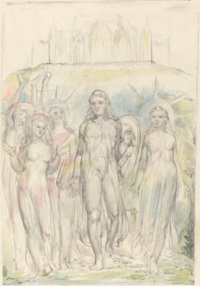 Cristiano con el escudo de la fe, despidiéndose de sus compañeros de William Blake