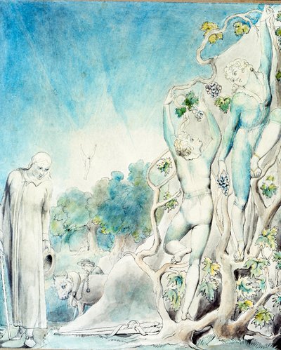 Comus se encuentra con uno de los hermanos ocupados recogiendo fruta para alimentar a Lady. Siglo XIX de William Blake