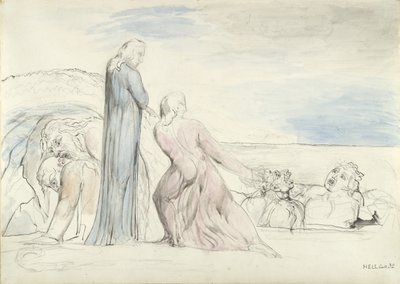 Dante agarrando al traidor Bocca por el pelo, ilustración de la "Divina Comedia" de Dante Alighieri de William Blake