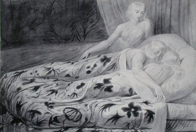 Har y Heva dormidos con Mnetha vigilándolos, ilustración de 
