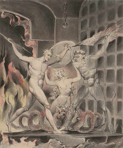 Ilustración 2 para "El Paraíso Perdido" de Milton: Satanás, el Pecado y la Muerte: Satanás llega a las puertas del infierno, 1807 de William Blake