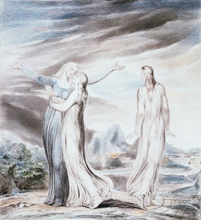 Noemí suplicando a Rut y Orfa que regresen a la tierra de Moab de William Blake