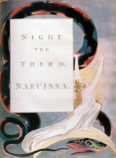 Noche la Tercera Narcisa, página de título de las Noches de los Pensamientos Nocturnos de Edward Young, c. 1797 de William Blake