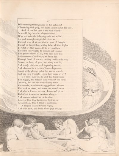 Lámina 29 (página 57): "Temblando a cada trago, no sea que la muerte le arrebate el cuenco". de William Blake
