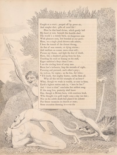 Lámina 32 (página 70): "Hasta que la muerte, poderosa cazadora, los derribe a todos". de William Blake