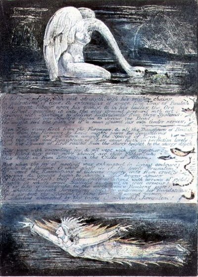 Placa II, Jerusalén, c.1804-20. Las hijas de Albión representadas por criaturas en forma de cisne y pez de William Blake