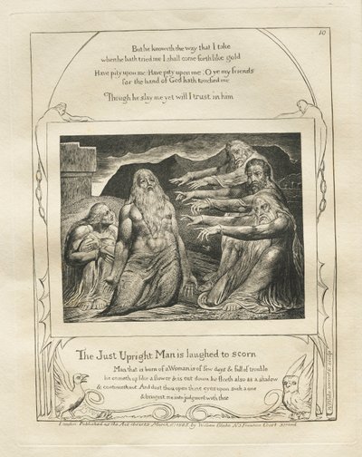 El Libro de Job: Pl. 10, El Hombre Justo y Recto es Ridiculizado, 1825 de William Blake