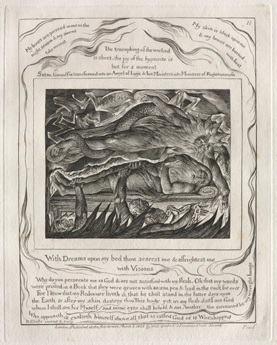 El libro de Job: Pl. 11, Con sueños en mi cama me asustas y me aterras..., 1825 de William Blake