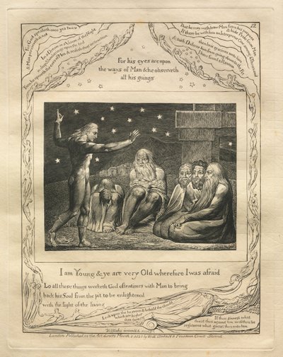 El Libro de Job: Pl. 12, Soy joven y ustedes son muy viejos, por lo tanto tuve miedo, 1825 de William Blake