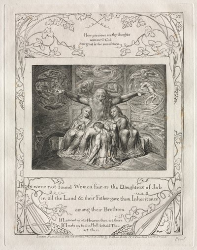 El Libro de Job: Pl. 20, No se encontraron mujeres tan hermosas como las hijas de Job / en toda la tierra de William Blake