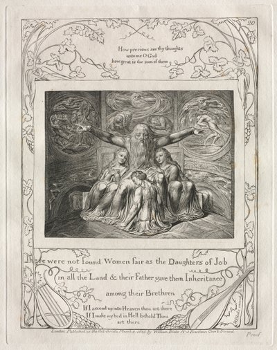 El Libro de Job: Pl. 20, No se encontraron mujeres tan bellas como las hijas de Job, 1825 de William Blake