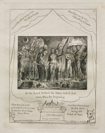 El Libro de Job: Pl. 21, Así que el Señor bendijo el final de Job / más que el principio de William Blake