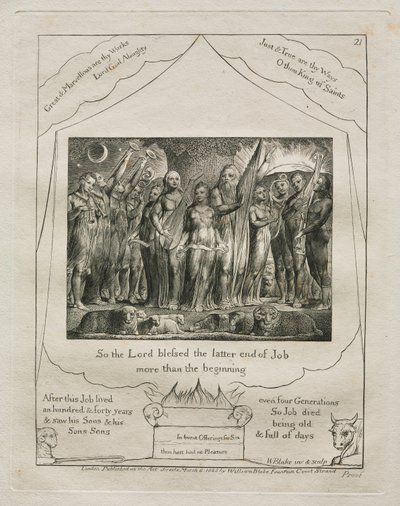 El libro de Job: Pl. 21, Así que el Señor bendijo el final de Job más que el, 1825 de William Blake