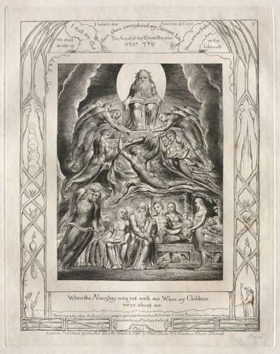 El Libro de Job: Pl. 2, Cuando el Todopoderoso estaba aún conmigo, Cuando mis hijos..., 1825 de William Blake
