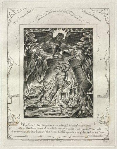 El libro de Job: Pl. 3, Tus hijos y tus hijas estaban comiendo y bebiendo vino, 1825 de William Blake