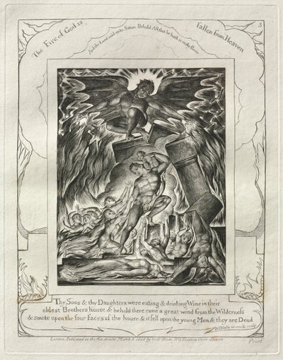 El Libro de Job: Pl. 3, Tus hijos y tus hijas estaban comiendo y bebiendo vino en la / casa de su hermano mayor de William Blake