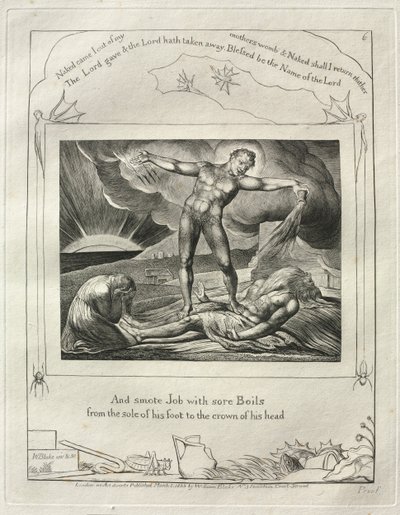 El Libro de Job: Pl. 6, Y golpeó a Job con llagas desde la planta del pie... de William Blake