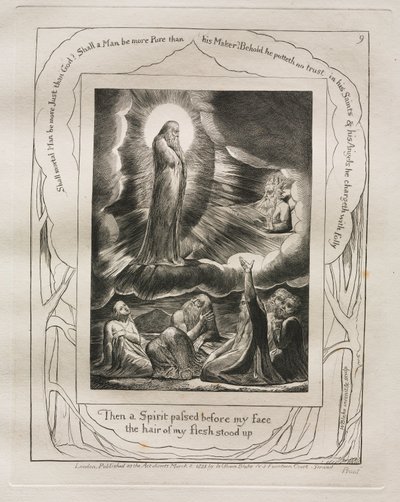 El Libro de Job: Pl. 9, Entonces un espíritu pasó delante de mi rostro, el pelo de mi carne se erizó, 1825 de William Blake