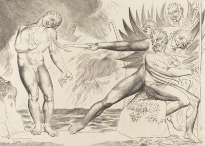 El círculo de los funcionarios corruptos, los demonios atormentan a Ciampolo de William Blake