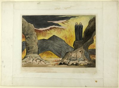 El círculo de los falsificadores: Dante y Virgilio cubriéndose la nariz por el hedor. Infierno, canto XXIX de William Blake