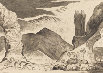 El círculo de los falsificadores: Dante y Virgilio cubriéndose la nariz por el hedor de William Blake