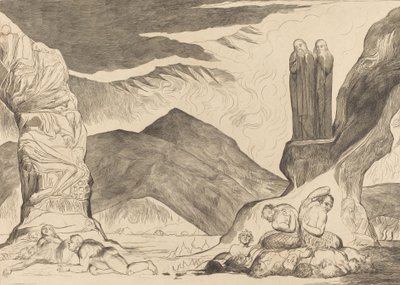 El círculo de los falsificadores: Dante y Virgilio cubriéndose la nariz por el hedor de William Blake