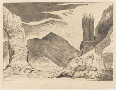El círculo de los falsificadores; Dante y Virgilio se tapan la nariz por el hedor de William Blake