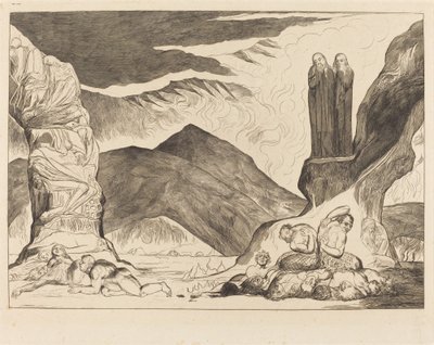 El círculo de los falsificadores; Dante y Virgilio se tapan la nariz por el hedor de William Blake