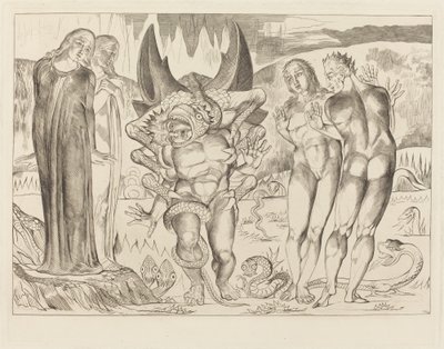 El círculo de los ladrones; Agnolo Brunelleschi atacado por una serpiente de seis patas de William Blake