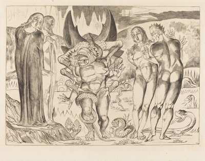 El círculo de los ladrones; Agnolo Brunelleschi atacado por una serpiente de seis patas de William Blake