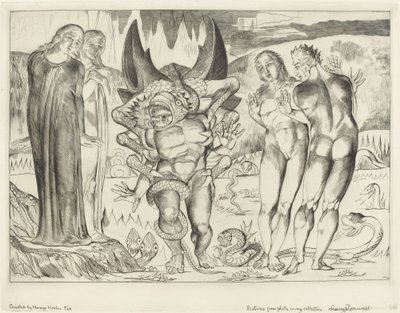 El círculo de los ladrones; Agnolo Brunelleschi atacado por una serpiente de seis patas de William Blake