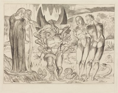 El círculo de los ladrones; Agnolo Brunelleschi atacado por una serpiente de seis patas de William Blake