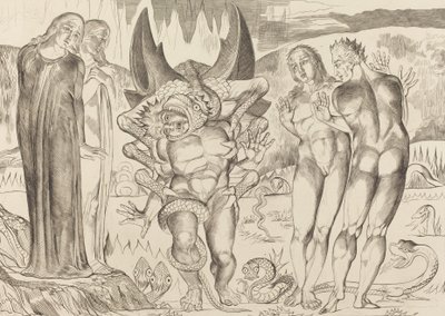 El Círculo de los Ladrones, Agnolo Brunelleschi Atacado por una Serpiente de Seis Patas de William Blake